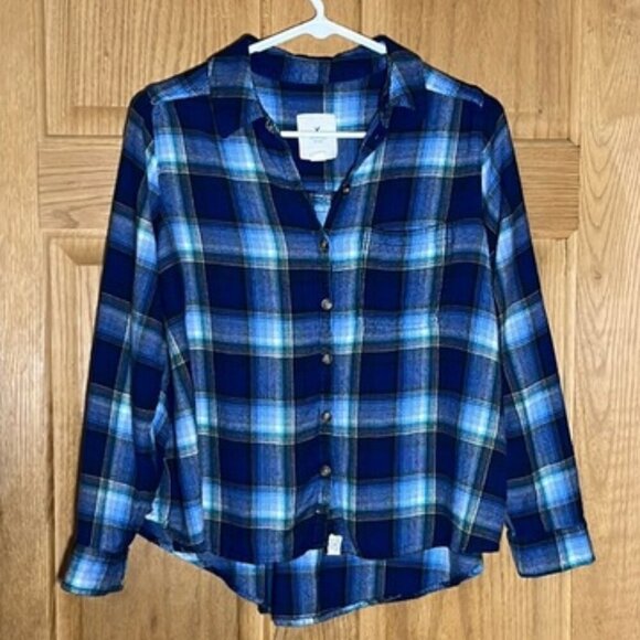 American Eagle Outfitters Tops - American Eagle Outfitters Blue Plaid Long Sleeve Button Down Flannel Shirt MED